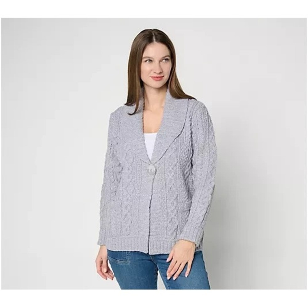 Aran Crafts Merino Wool One-Button Sweater Cardigan Soft Grey Medium